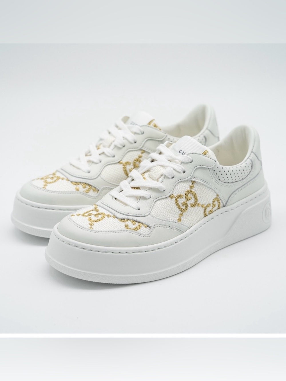 Gucci GG Platform with Gold Lamé GG Fabric White Low Top Sneakers